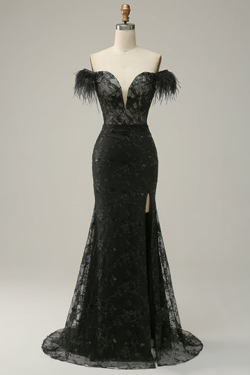 Mermaid Off the Shoulder Black Long Ball Dress with Feather